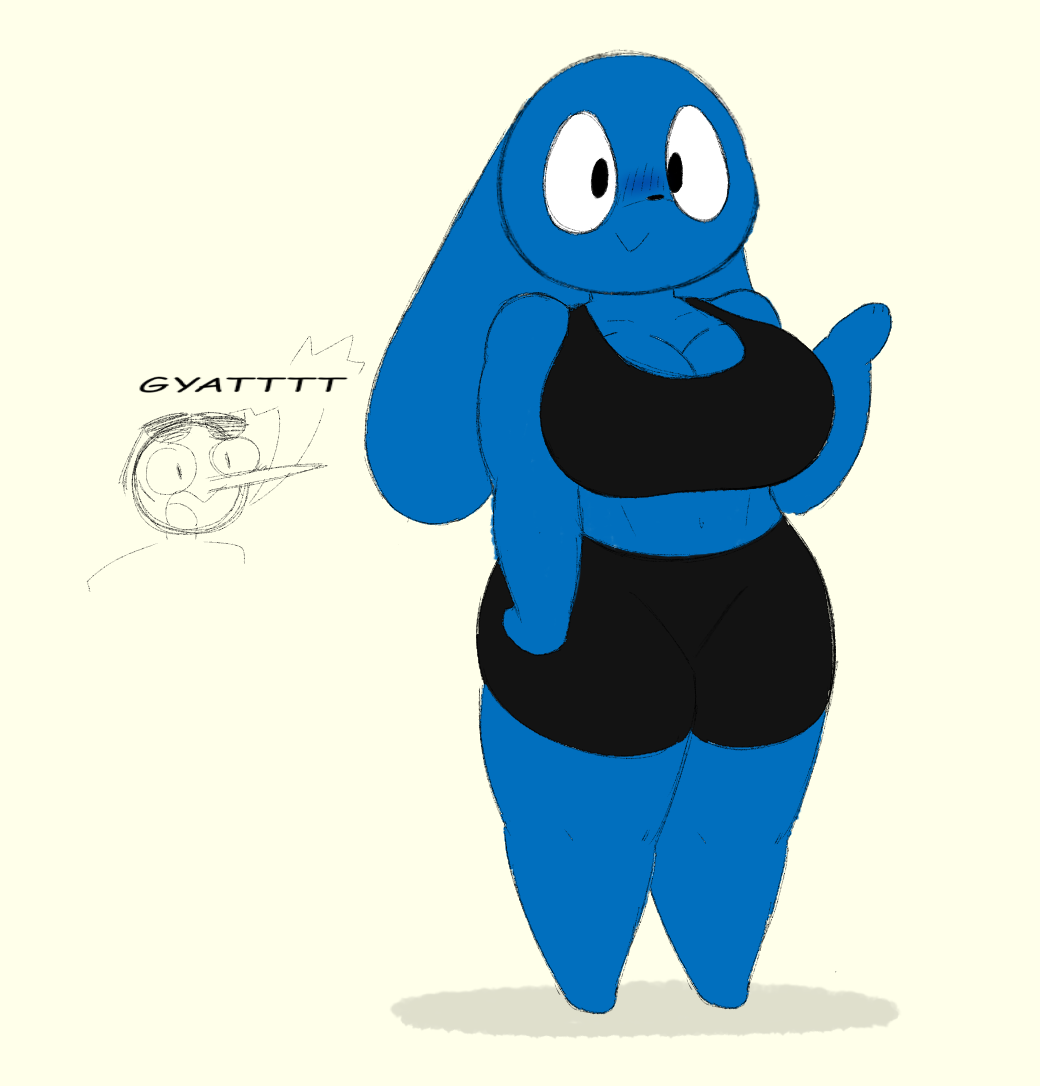 big_breasts black_clothing blue_body blue_fur blush cute furry lucky_(danno_cal_drawings) riggy_the_runkey rule_63 spinninswaws text thick_thighs