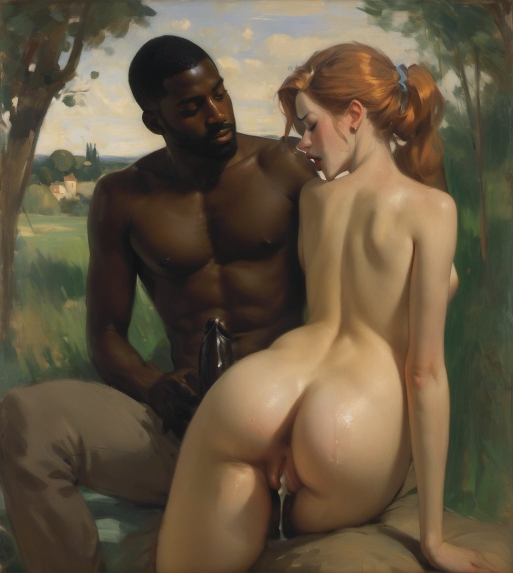 1boy, 1girls, ai generated, big penis, cum, cum in pussy, dark skin, dark-skinned male, female, interracial, male, penis, ponytail, pussy, red hair, taprincesserose