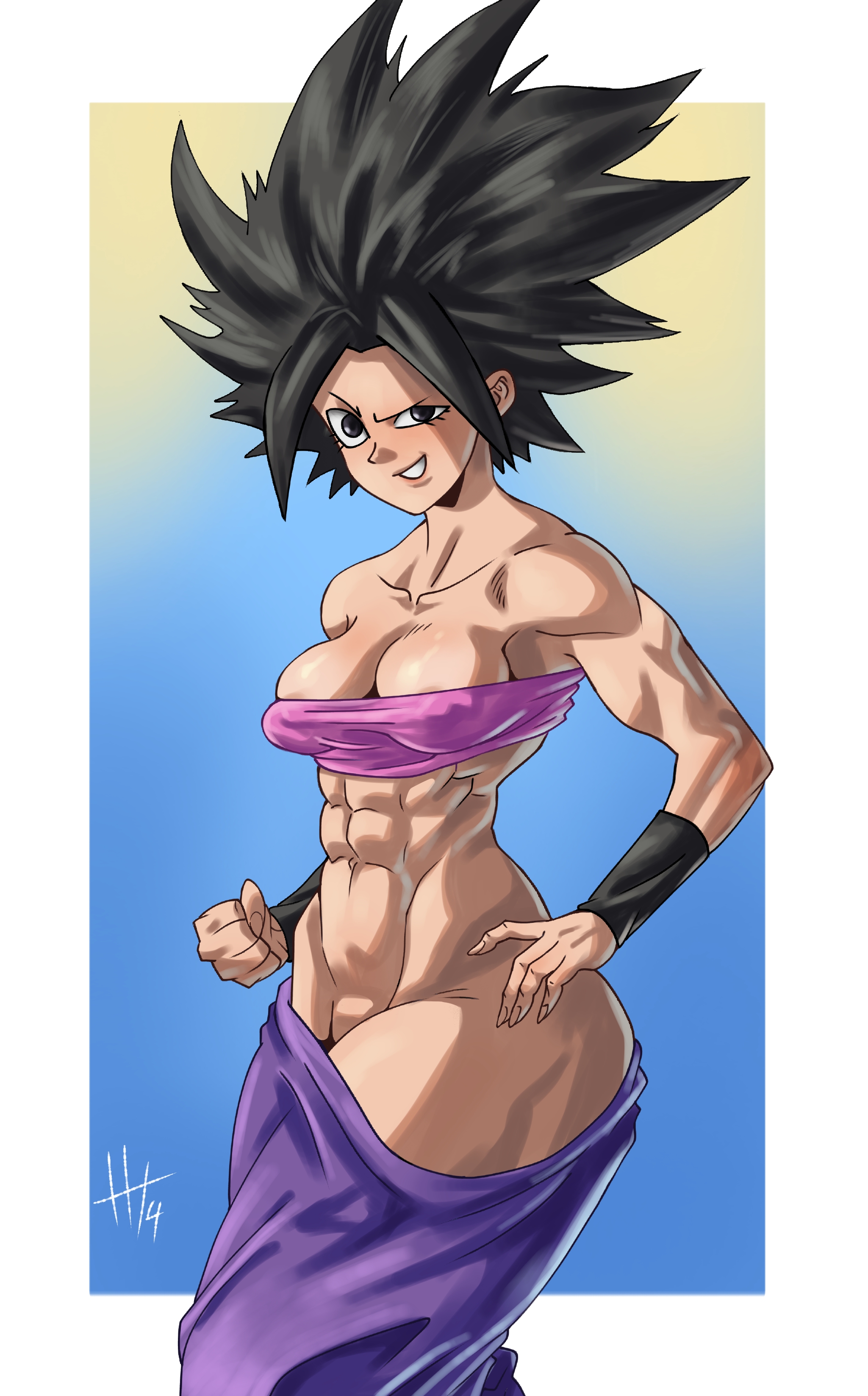 1girls, 2d (artwork), ass, athletic, athletic female, big ass, big breasts, black eyes, black hair, breasts, caulifla, dragon ball, dragon ball super, fanart, female, female saiyan, hand on hip, hoturtle (artist), looking at viewer, muscular, muscular female, nipple bulge, nipple slip, purple pants, smiling, solo, thick, tomboy, topwear, wide hips