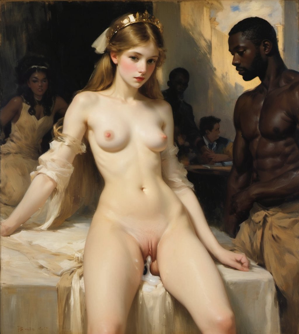 after sex, ai generated, blonde hair, cum, cum in pussy, dark skin, dark-skinned male, female, interracial, looking at viewer, male, multiple boys, multiple females, multiple girls, multiple males, pussy, taprincesserose
