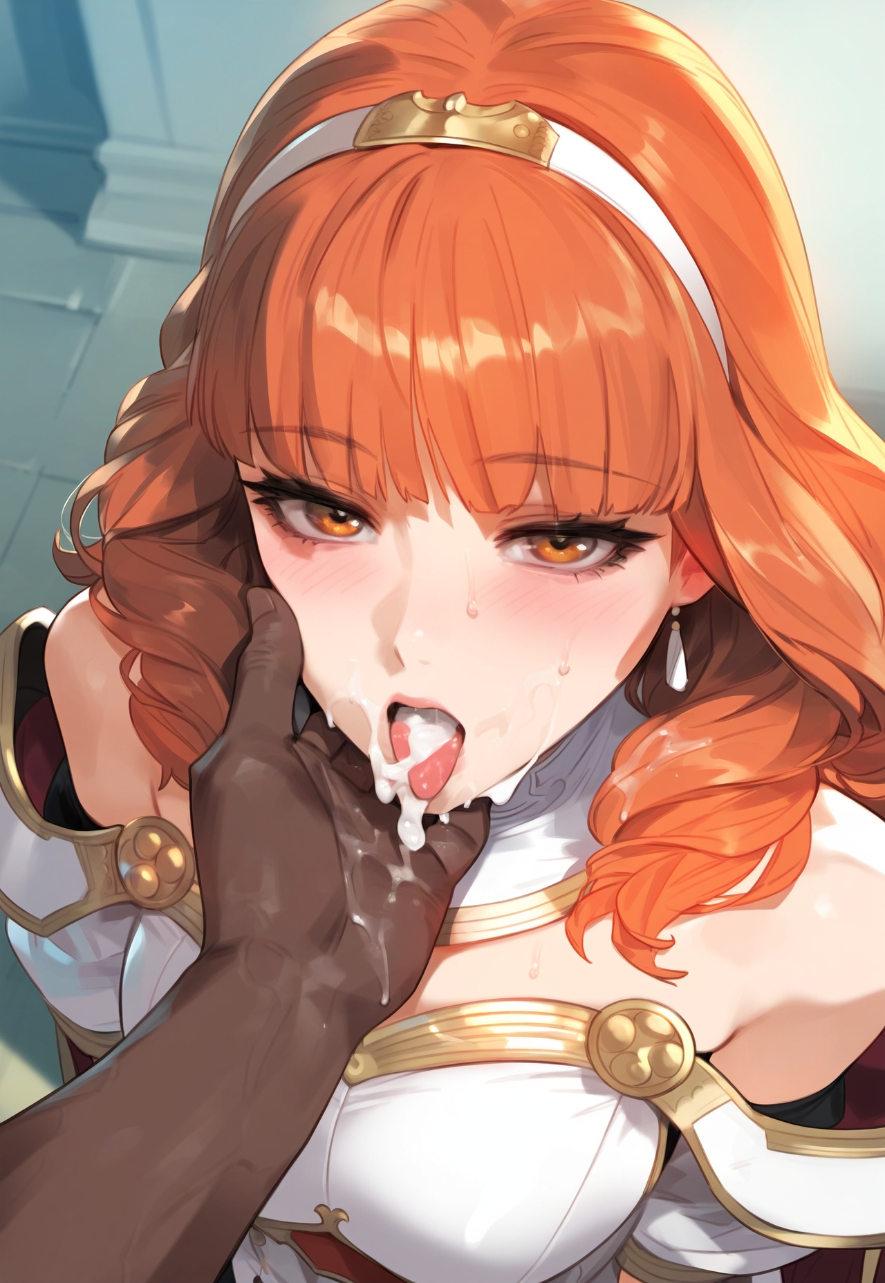 1boy, 1girls, adult and teenager, age difference, ai generated, blush, breasts, celica (fire emblem), cum, cum in mouth, cum on tongue, dark skin, dark-skinned male, female, fire emblem, interracial, large breasts, looking at viewer, male, medium hair, mrteardrop, older male and younger female, orange eyes, orange hair, pov, princess, royalty, solo focus, straight, sweat, teenage female, teenager, tongue, tongue out, uncensored