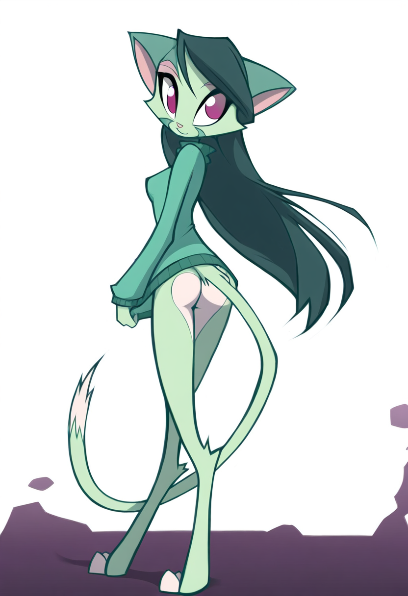 ai_generated bottomless dreamkeepers feline female green_fur green_hair lilith_calah novelai purple_eyes rear_view simple_background solo sweater