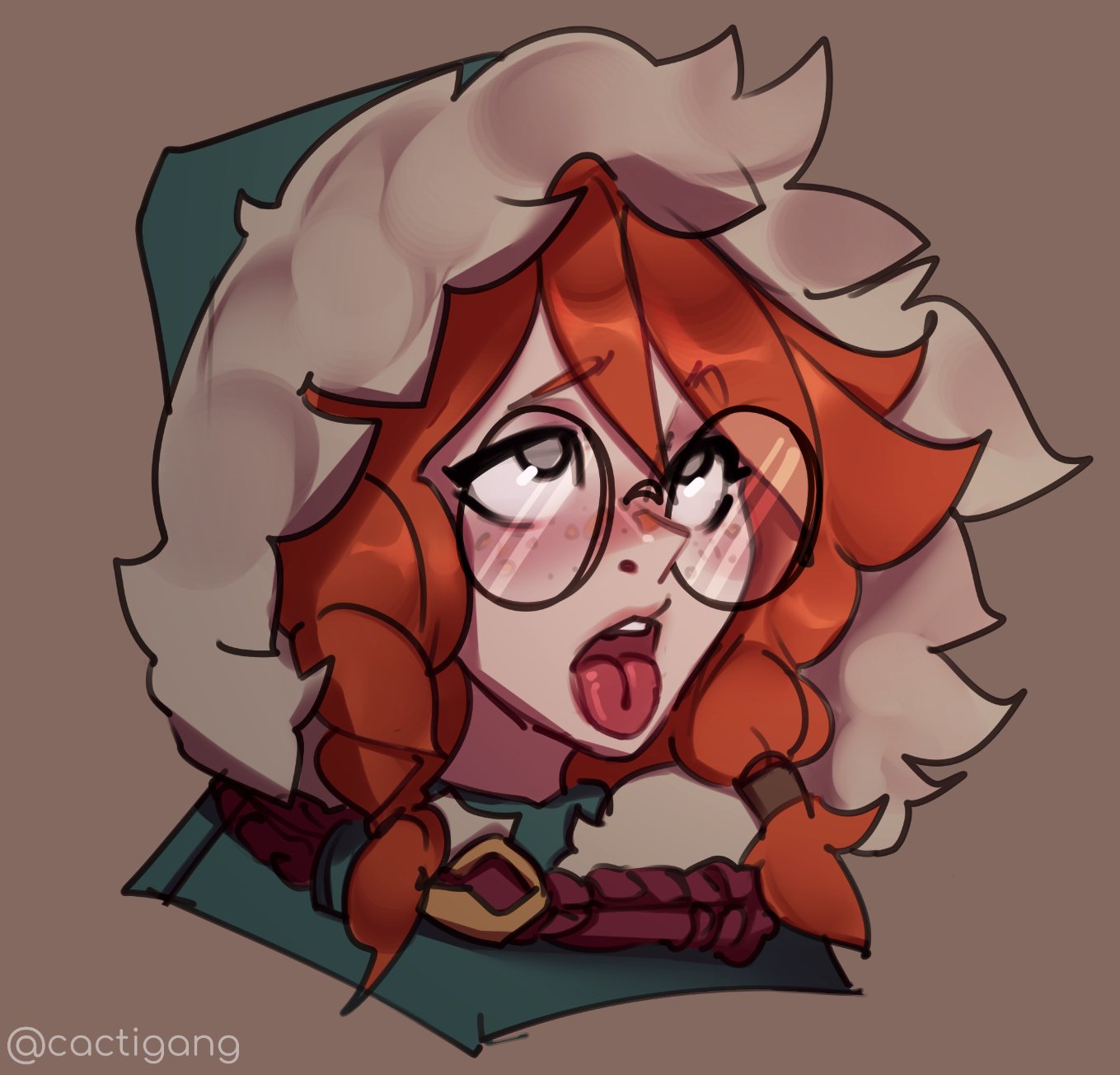 ahegao aurora_(league_of_legends) cactigang coat glasses league_of_legends orange_hair vastaya