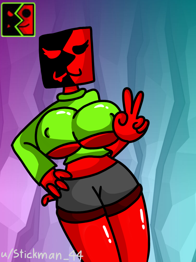 black_eyes black_skin cave_background cube_123_(geometry_dash) geometry_dash gray_pants green_shirt red_eyes red_skin rule_63 stickman44