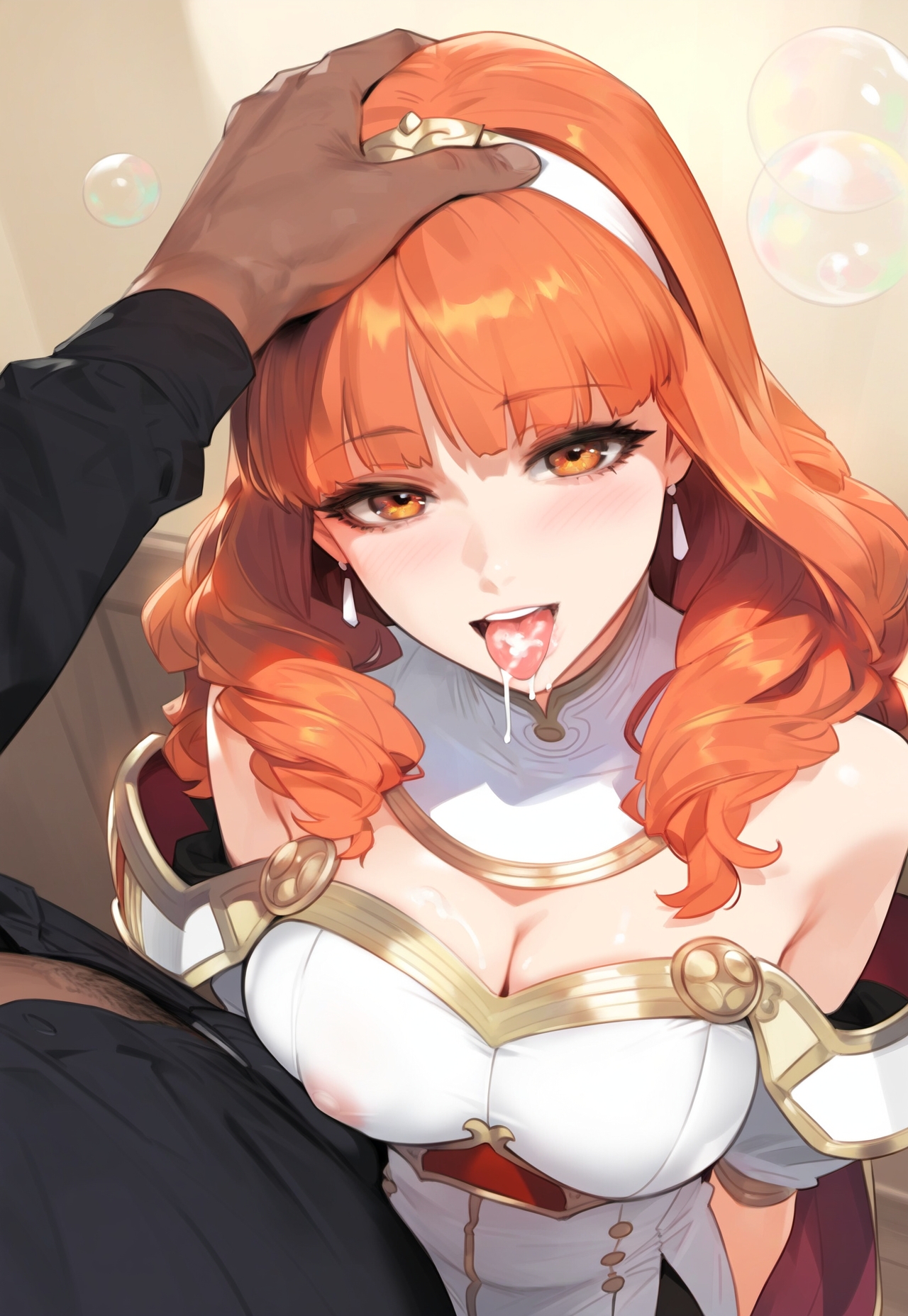 1boy, 1girls, adult and teenager, age difference, ai generated, blush, breasts, celica (fire emblem), cum in mouth, cum on tongue, dark skin, dark-skinned male, female, fire emblem, hand on head, headpat, interracial, large breasts, looking at viewer, male, medium hair, mrteardrop, older male and younger female, open mouth, orange eyes, orange hair, pov, princess, royalty, solo focus, straight, sweat, teenage female, teenager, tongue, tongue out, uncensored