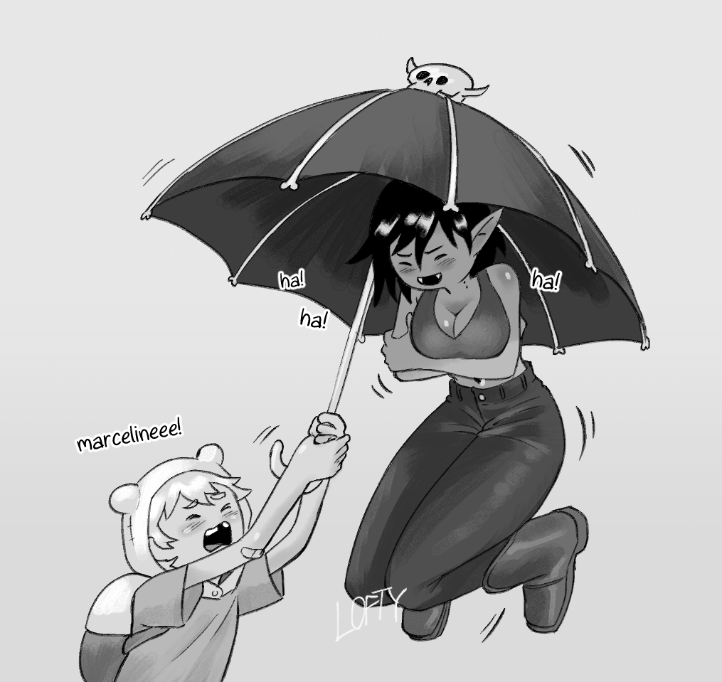 1boy adventure_time arms_crossed backpack bag black_and_white cleavage closed_eyes clothing dialogue fangs female finn_the_human floating human laugh lofty_(artist) marceline open_mouth skull umbrella vampire white_background