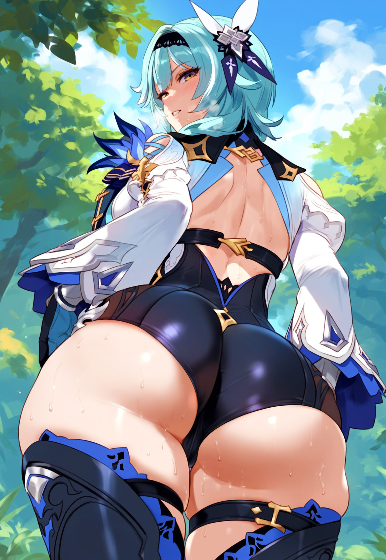 ai generated, ass, ass focus, big ass, big butt, eula (genshin impact), female, genshin impact, huge ass, short hair, shorts, thick, thick hips, thick legs, thick thighs