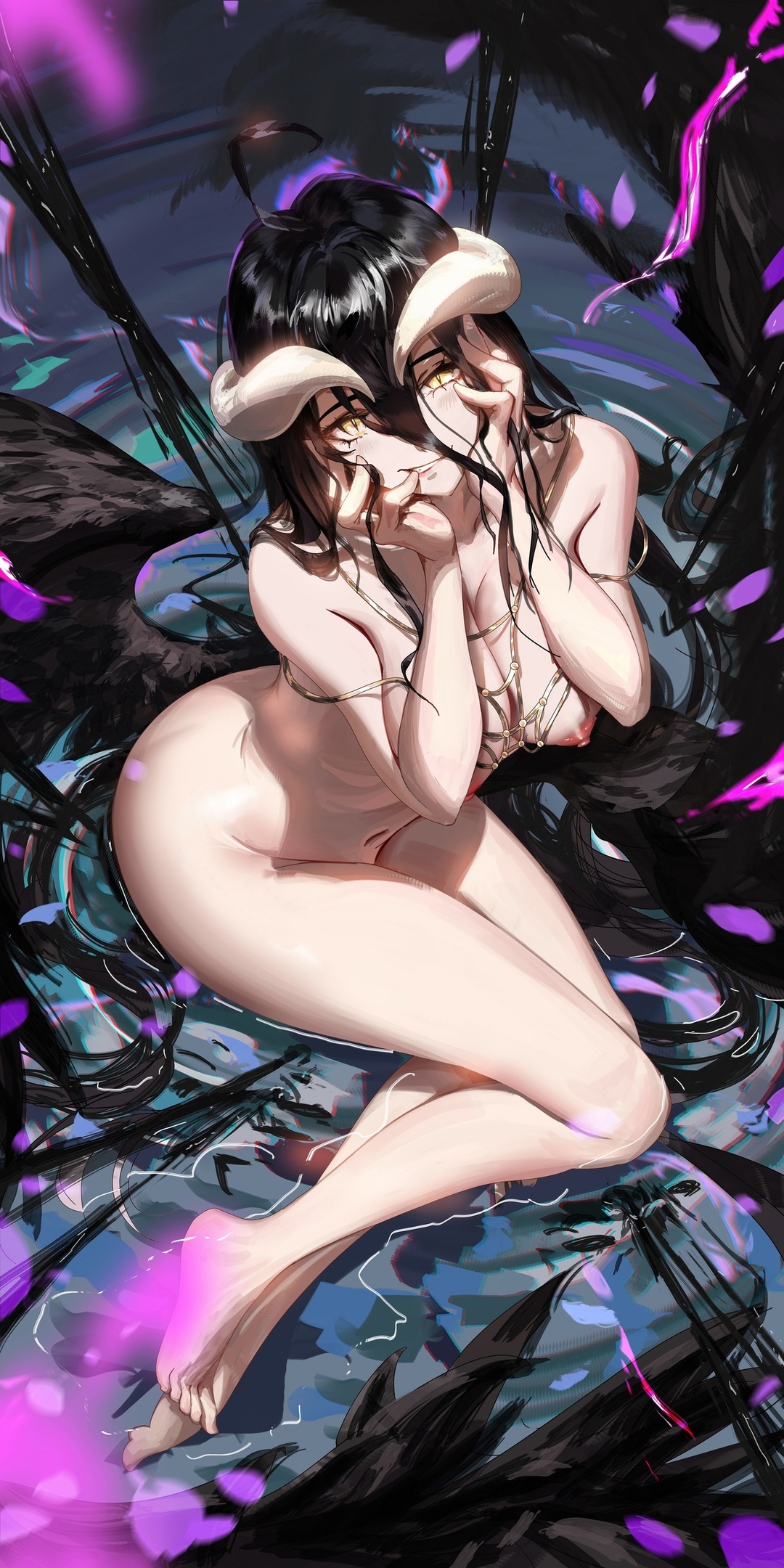 1girls, accessory, albedo (overlord), areolae, bare shoulders, barefoot, big breasts, black hair, breasts, chest, cleavage, completely nude, demon, exposed breasts, feet, female, female only, grin, hair between eyes, half-closed eyes, hands on face, highres, hips, horns, legs, liang xing, light skin, light-skinned female, long hair, looking at viewer, naked, navel, nipples, no panties, nude, overlord (maruyama), sitting, sitting in water, solo, succubus, thighs, wide hips, wings, yellow eyes