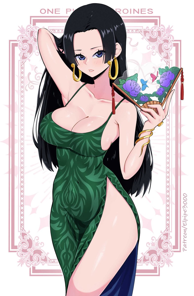 1girls bare_arms bare_legs bare_shoulders bare_thighs big_breasts black_hair blue_eyes blush boa_hancock clothed clothing color dress elpipe3000 female female_focus female_only folding_fan hand_fan hi_res jewelry large_breasts light-skinned_female light_skin long_hair looking_at_viewer one_piece shounen_jump side_slit solo solo_female tagme thick_thighs