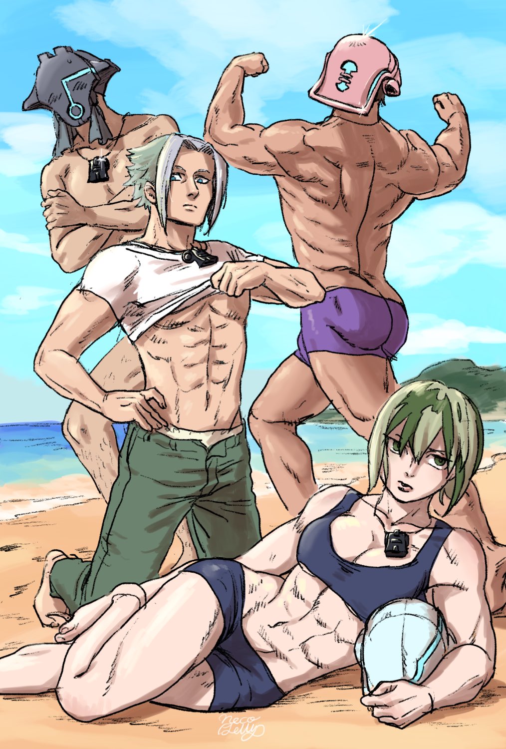 1girls 3boys beach bidou bikini cleavage female flexing green_hair gueira gyarike helmet helmet_removed looking_at_viewer made_in_abyss male mask mask_removed masked masked_male medium_breasts multiple_boys muscular muscular_female muscular_male necojelly on_side outdoors posing reclining rimeyo shirt_lift short_hair shorts sports_bra swimsuit swimwear two_tone_hair umbra_hands underboob whistle whistle_around_neck