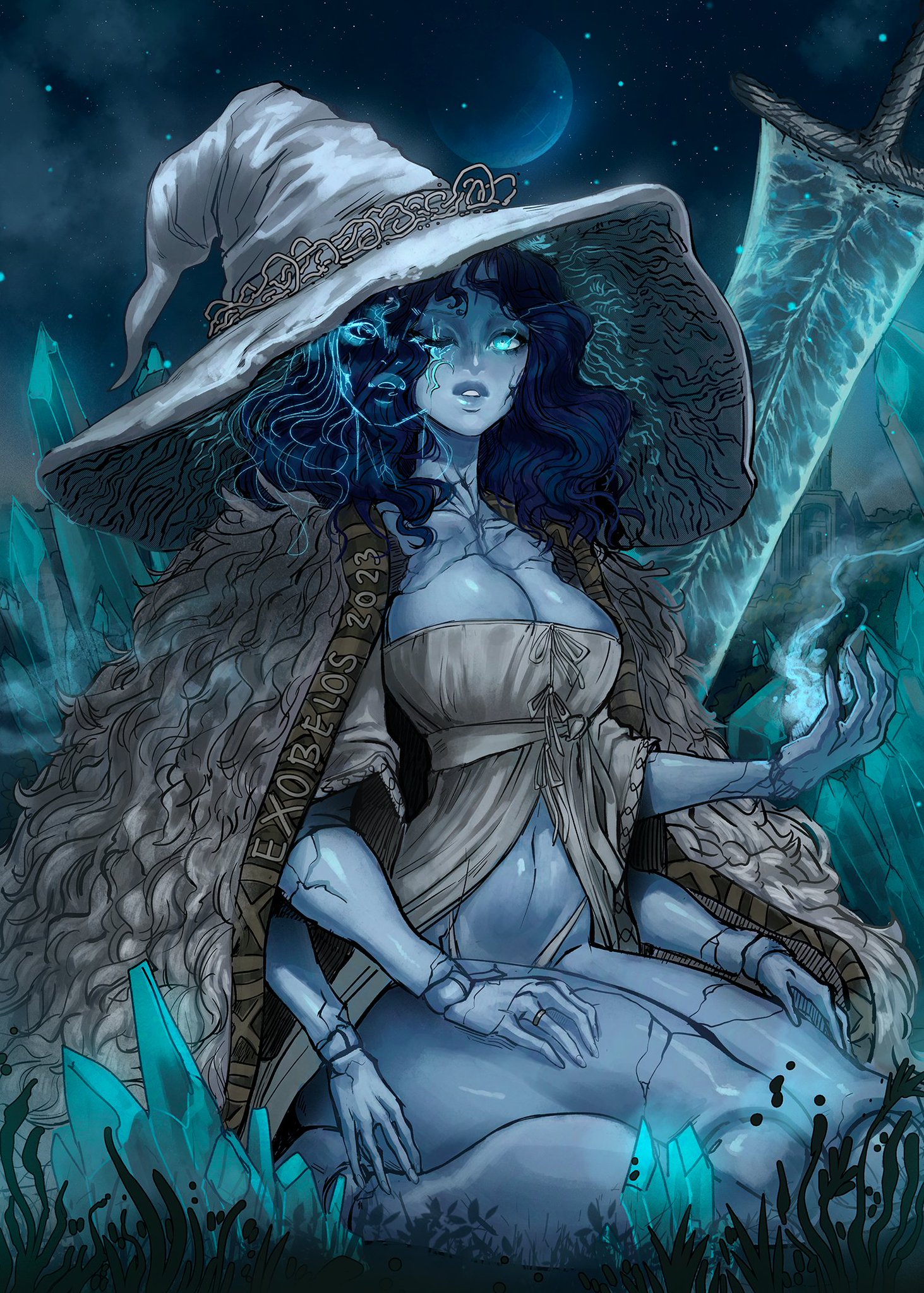 1girls, bare legs, bare thighs, big breasts, blue body, blue eyes, blue hair, blue skin, breasts, clothed, clothing, color, doll, elden ring, exobelos, female, female focus, female only, fromsoftware, glowing eyes, hat, hi res, large breasts, long hair, looking at viewer, ranni the witch, solo, solo female, tagme, thick thighs, witch, witch hat