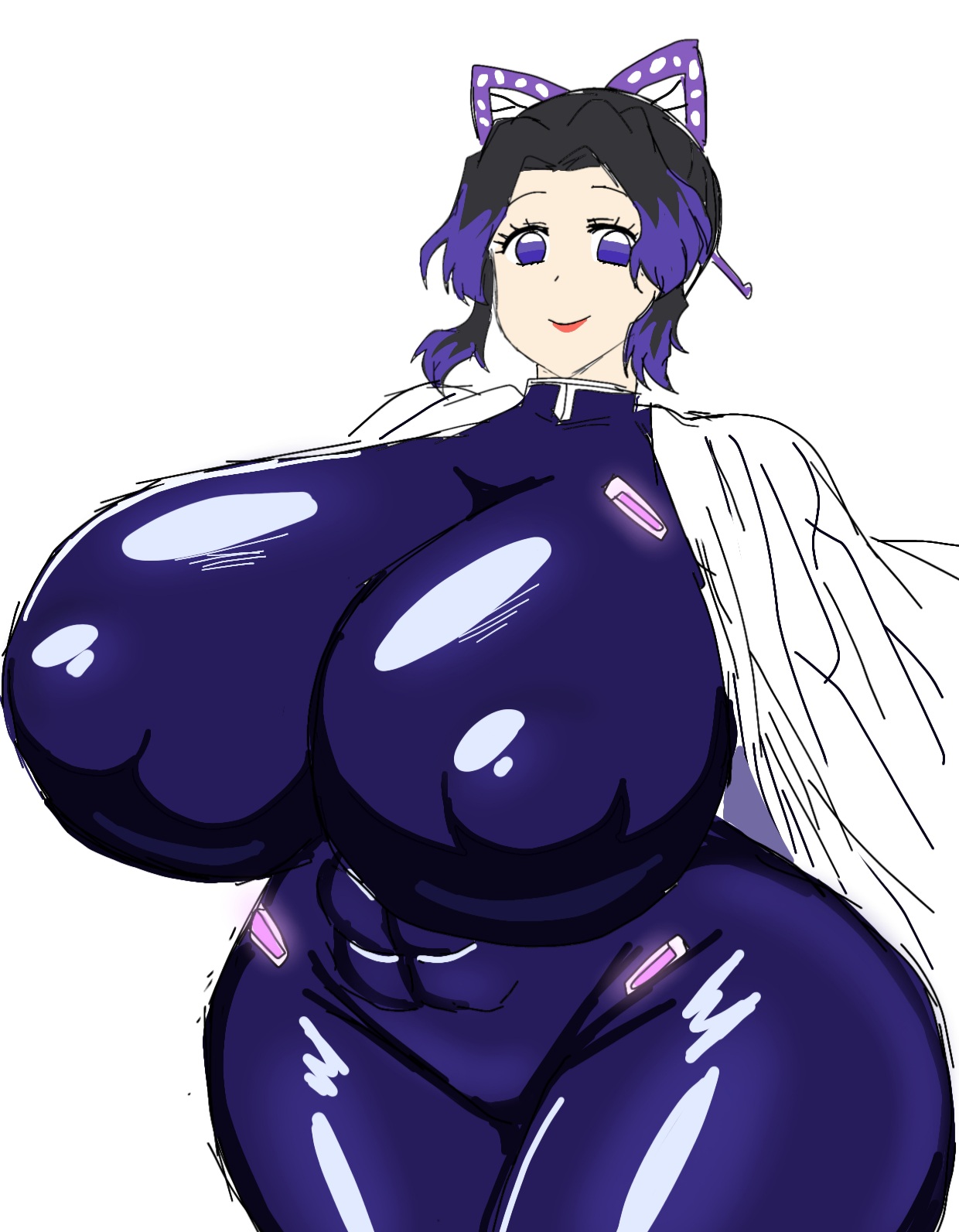 1girls, ass, big ass, big breasts, breasts, demon slayer, fat ass, female, female focus, female only, fully clothed, giant breasts, gigantic breasts, huge ass, huge breasts, kimetsu no yaiba, kochou shinobu, latex, latex suit, massive breasts, momiji (artist), shiny clothes, smile, solo, tight clothing, wide hips