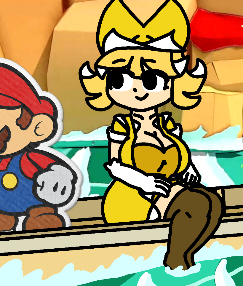 1boy 1girls autumn background big_breasts blonde_hair boat breasts canoe clothed clothing crown cute female female_focus leggings legokoopa_(artist) legwear male mario mario_(series) olivia_(paper_mario) outdoors paper_mario paper_mario:_the_origami_king river sitting solo_focus stockings thick_thighs