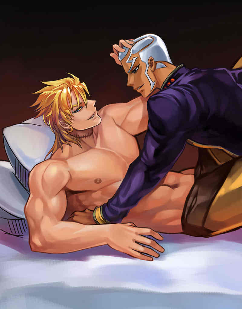 2boys dark-skinned_male dio_brando enrico_pucci gay hand_on_hair jojo's_bizarre_adventure male male/male male_only shirtless_male stone_ocean yaoi