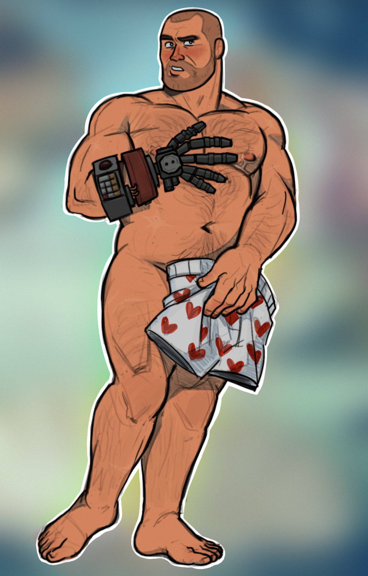 artistic_nude artistic_nudity bara barazoku boxers boxers_(clothing) chubby covered_navel covering_crotch creedei dad_bod engineer_(team_fortress_2) hairy hairy_chest hairy_male himbo ifyunoyuno male male_focus male_only mastectomy_scar no_visible_genitalia nonsexual nonsexual_nudity pinup solo solo_male strongfat tasteful tasteful_nudity team_fortress_2 tf2