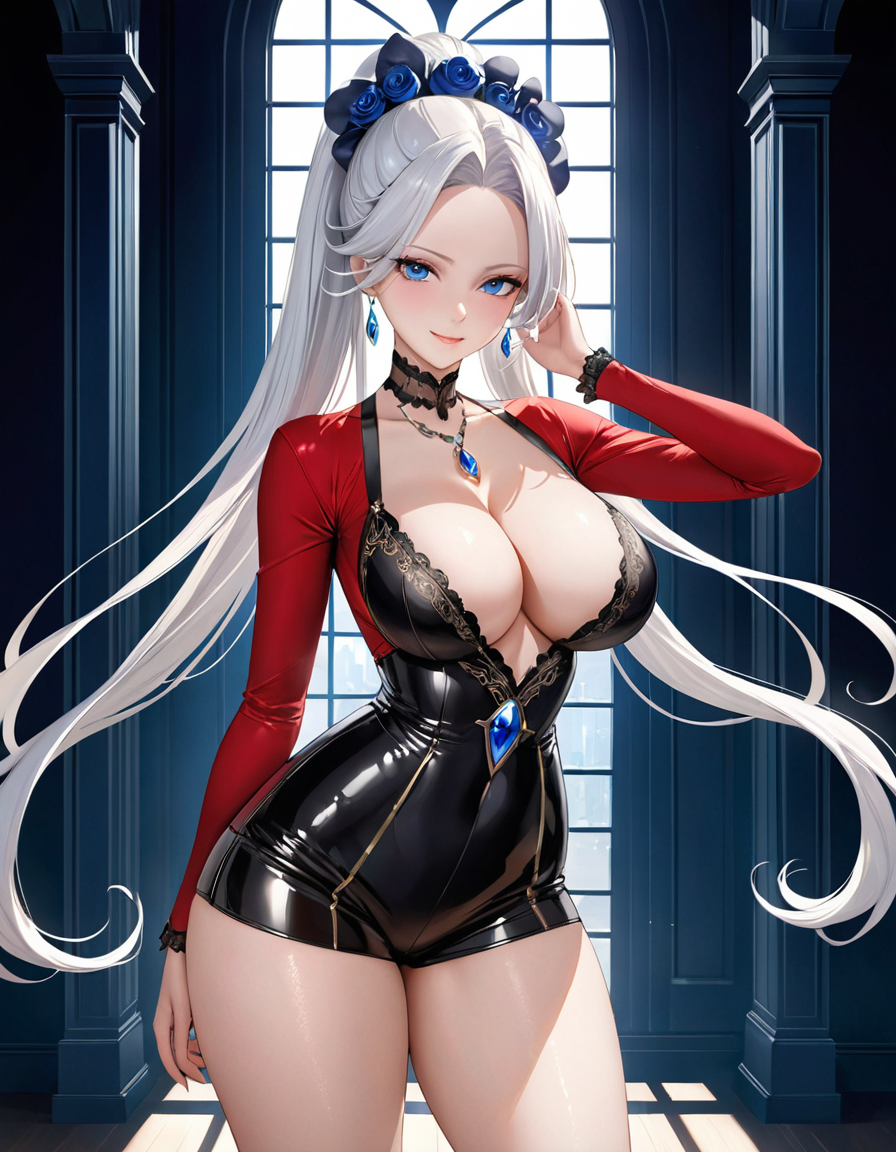 ai_generated blue_eyes breasts earrings fbps35 female huge_breasts necklace ponytails shorts thick_thighs white_hair window