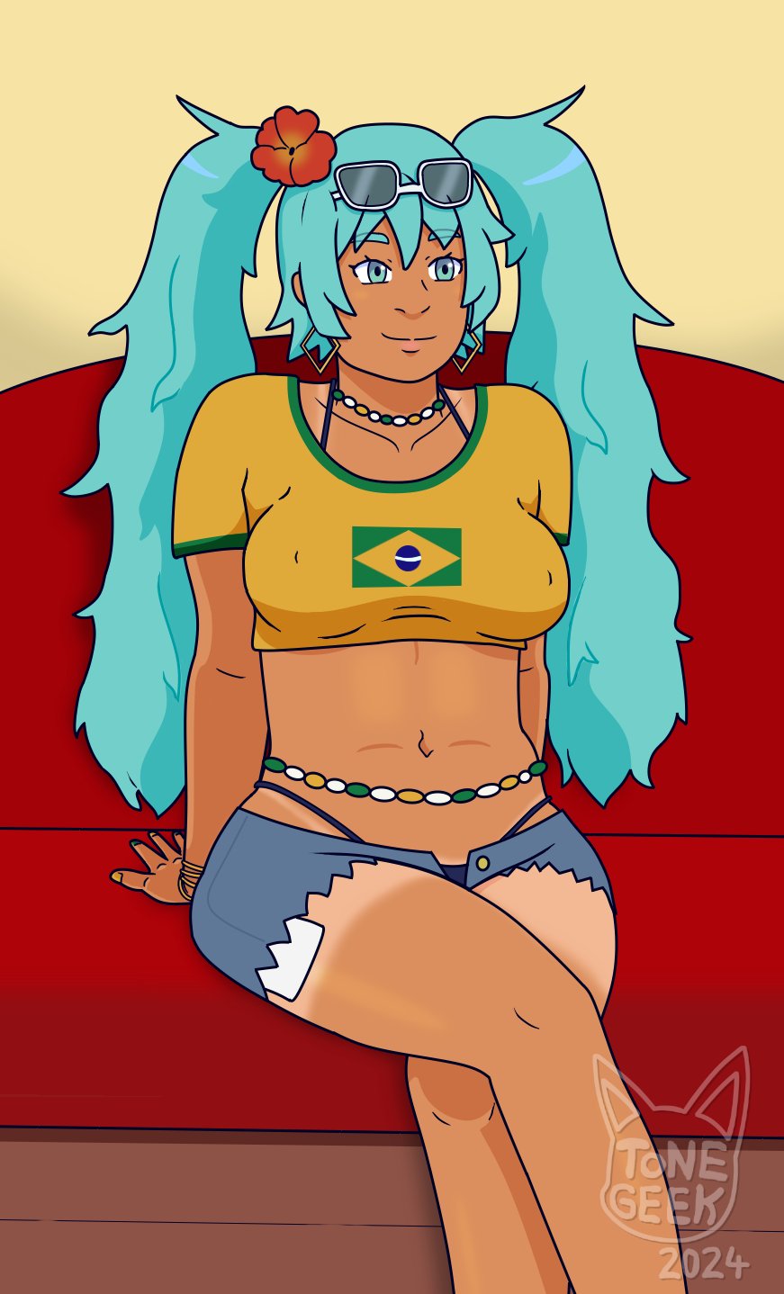 2d 2d_(artwork) bare_midriff bikini blue_eyes bracelet brazil brazilian brazilian_female brazilian_miku busty crop_top daisy_dukes denim_shorts earrings erect_nipples female female_focus female_only flower_in_hair hatsune_miku hourglass_figure jean_shorts long_fingernails long_hair nail_polish navel necklace nipple_bulge pinup pinup_pose short_shorts sitting t-shirt tan tan_body tan_skin tanline toongeek turquoise_hair twintails vocaloid waist_chain wide_hips