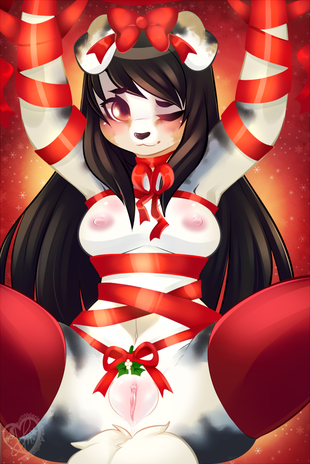 2014 anthro bondage bound bow breasts canine christmas clitoris embarrassed_nude_female female female_only holidays living_gift looking_at_viewer mammal mistletoe naked_ribbon nipples nude one_eye_closed plant pussy ribbon_bondage ribbons solo solo_female spread_legs spreading wink yuuri