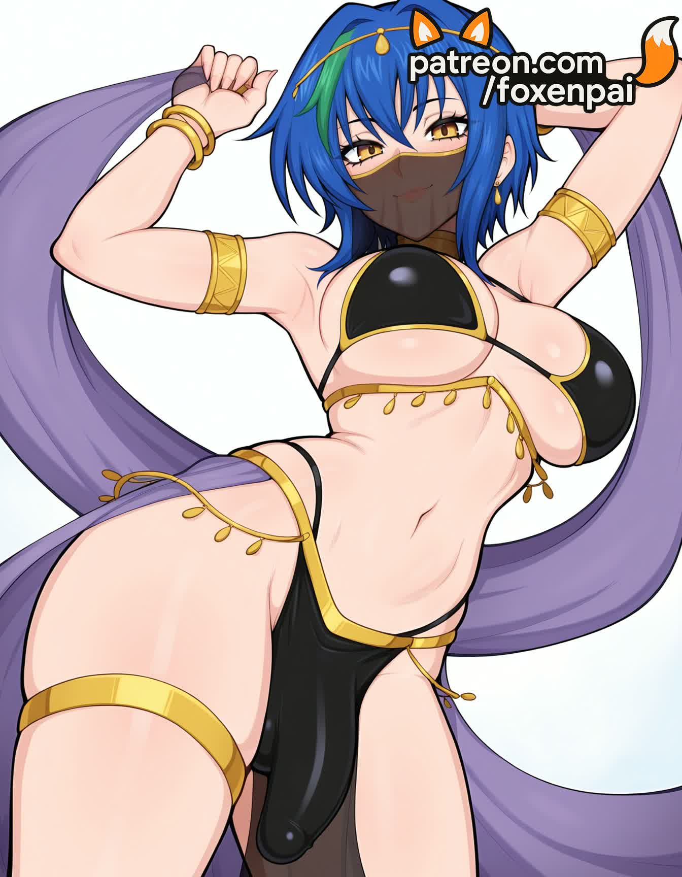 1futa, 2025, ai generated, armlet, armpits, artist name, blue hair, bracelet, breasts, bust, chest, earrings, foxenpai, futanari, hi res, high quality, high resolution, high school dxd, highres, jewelry, multicolored hair, navel, patreon, patreon username, pelvic curtain, solo, stable diffusion, thigh strap, watermark, xenovia quarta, yellow eyes