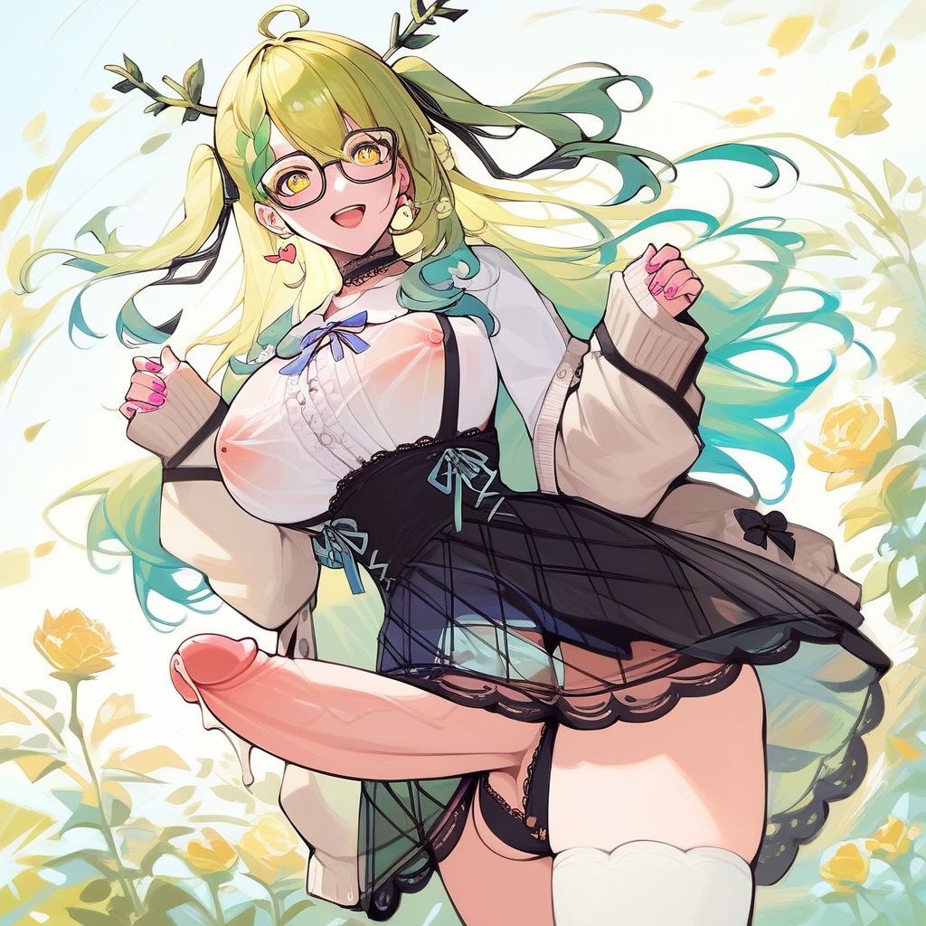 ai_generated bangs breasts ceres_fauna ceres_fauna_(3rd_costume) cowboy_shot cute_nerd futa futa_only futanari glasses hololive hololive_english huge_balls huge_cock large leaking_cum looking_at_viewer nerd nipples_visible_through_clothing panties precum_on_penis smile solo virtual_youtuber vtuber