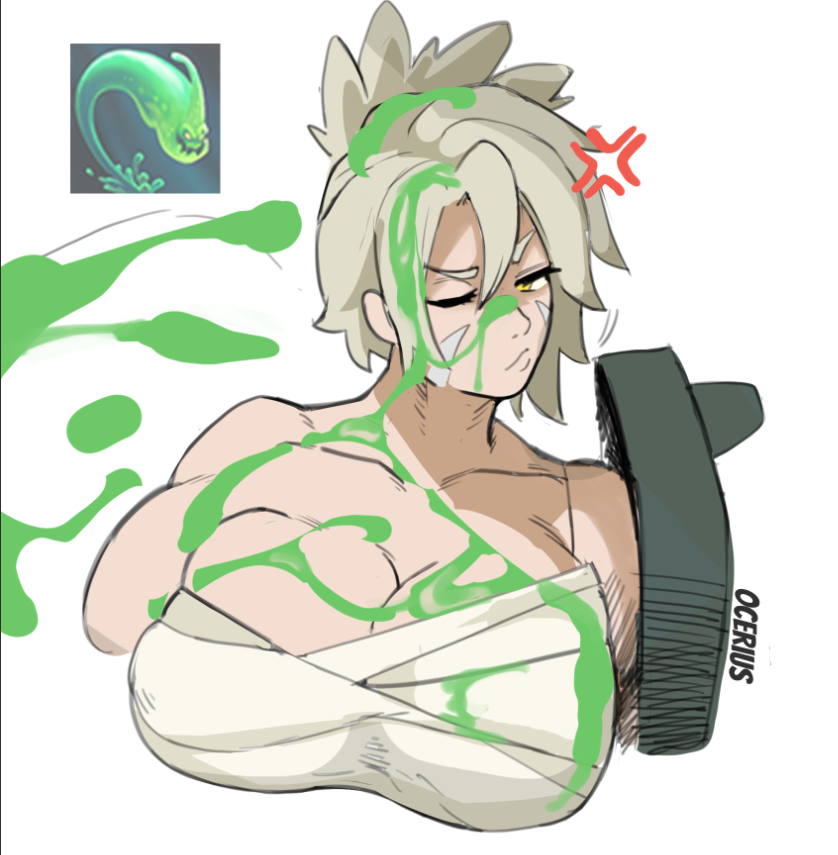 anger_symbol anger_vein annoyed annoyed_face breasts_bigger_than_head bust bust_portrait busty cleavage covered_in_goo covered_in_slime facial goo green_goo huge_breasts irritated large_breasts league_of_legends ocerius riven sarashi suggestive_fluid suggestive_fluid_on_breasts zac