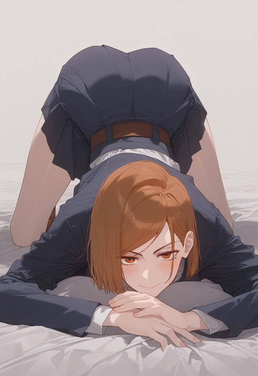 1girls, ai generated, arched back, ass, bed, bedroom eyes, big breasts, blush, breasts, face down ass up, female, female only, huge breasts, human, jujutsu kaisen, kugisaki nobara, naughty face, orange eyes, orange hair, pose, sassy, school uniform, schoolgirl, shirt pull, smug, smug face, solo, teasing, teasing viewer, top-down bottom-up