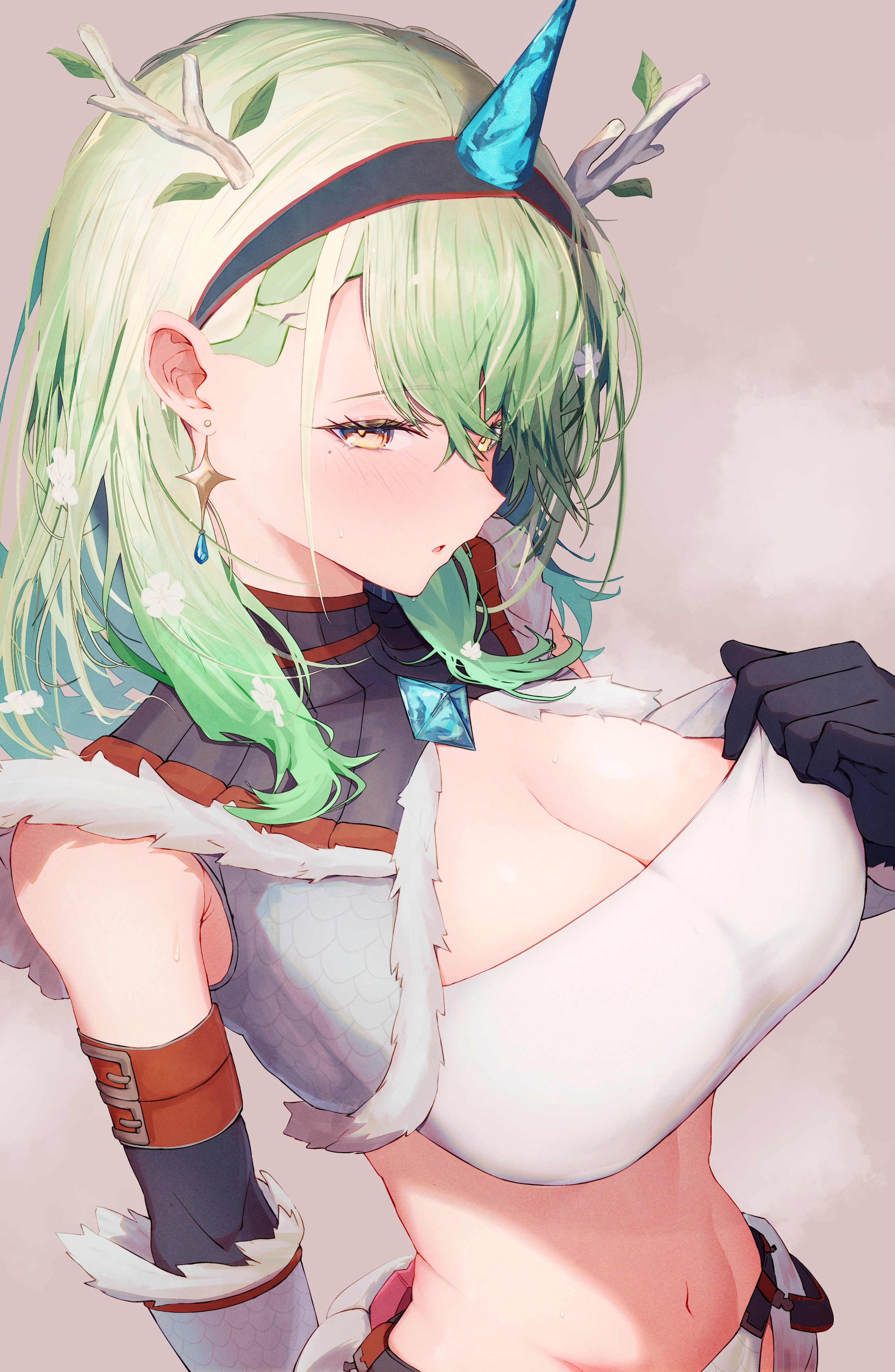 1girls, 2d, armband, big breasts, black gloves, blush, breasts, ceres fauna, cleavage, earrings, female, female only, flower, getto (ifphilo), gloves, green hair, hair flower, hair ornament, hololive, hololive english, hololive english -council-, hololive english -promise-, horns, long hair, simple background, solo, star, virtual youtuber, yellow eyes