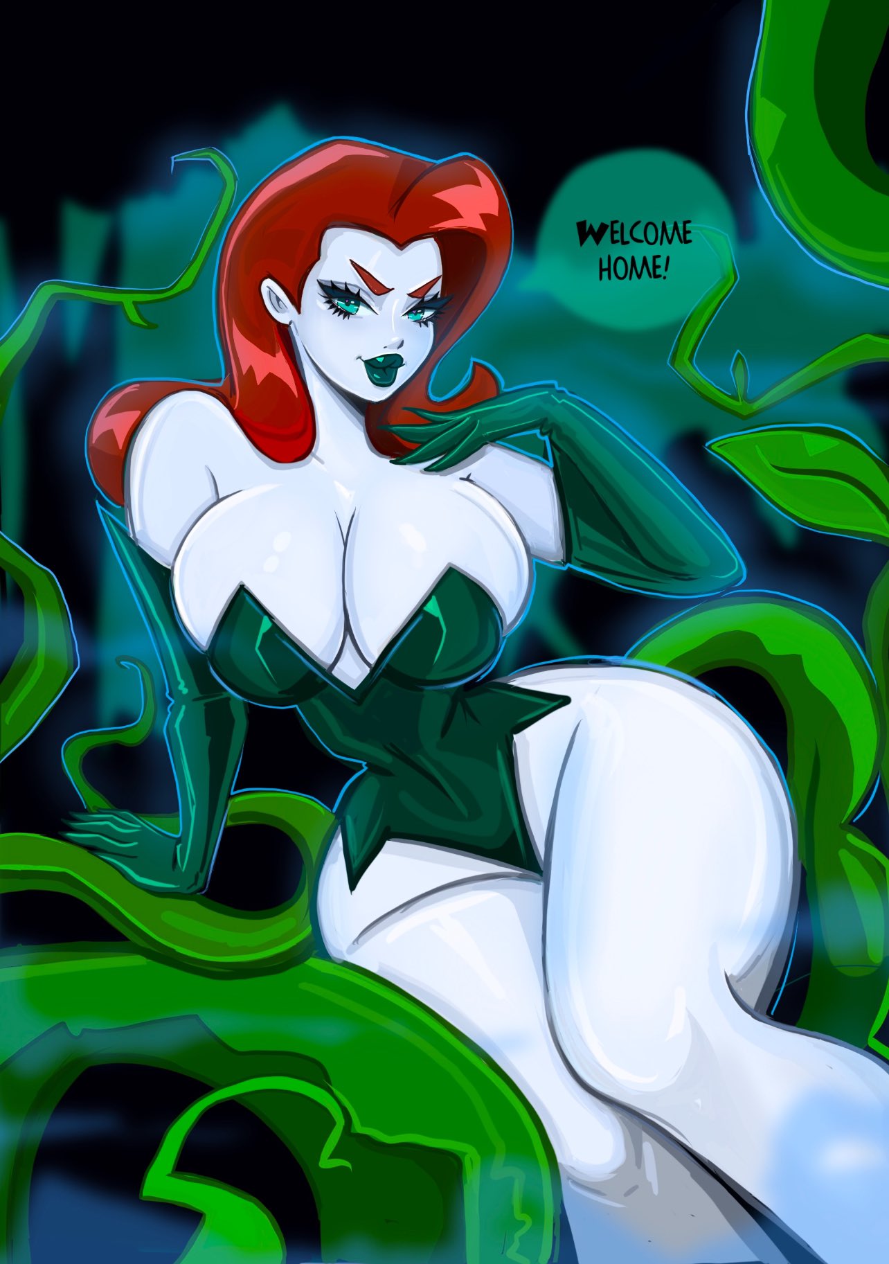 1girls bare_shoulders batman_(series) busty cleavage curvy dc dc_comics english_text green_eyes green_lipstick huge_breasts hyper_thighs massive_thighs pale-skinned_female pale_skin pamela_isley poison_ivy red_hair small_waist speech_bubble the_new_batman_adventures theartofmathew thick_thighs thighs thunder_thighs wide_hips