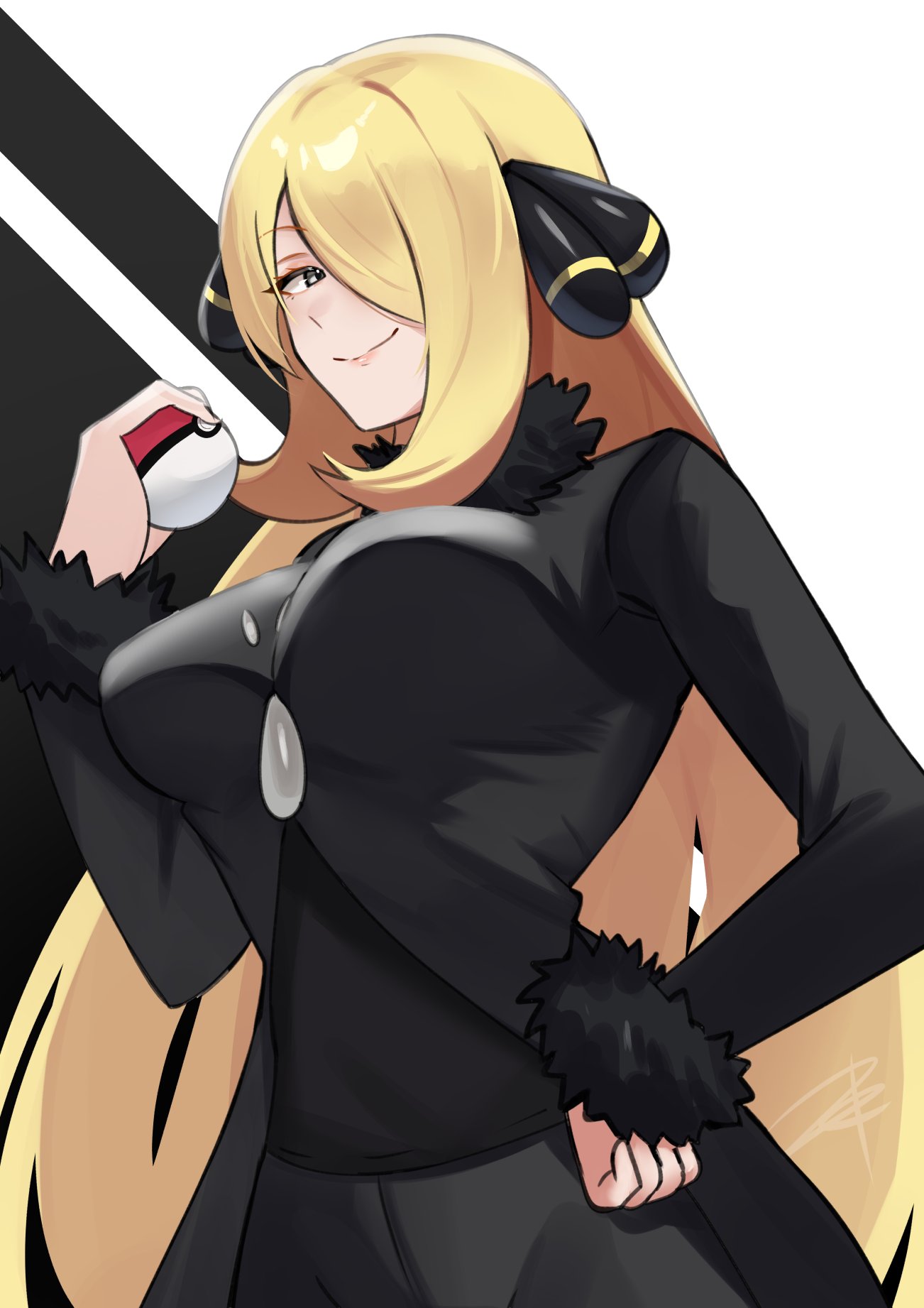 1girls black_background black_coat black_pants black_shirt breasts coat creatures_(company) cynthia_(pokemon) female fully_clothed fur_collar game_freak hair_over_one_eye hand_on_own_hip highres holding holding_poke_ball large_breasts long_hair looking_at_viewer nintendo pants poke_ball pokemon pokemon_dppt shirt smile solo two-tone_background upper_body white_background zet_(twt_zet)