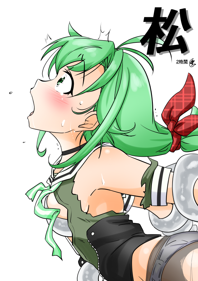 blush breast_grab convenient_censoring drooling enemy_naval_mine_(kantai_collection) green_eyes green_hair implied_penetration kantai_collection matsu_(kantai_collection) open_mouth pantyhose saliva small_breasts tearing_up tentacle tentacle_sex torn_clothes torn_pantyhose