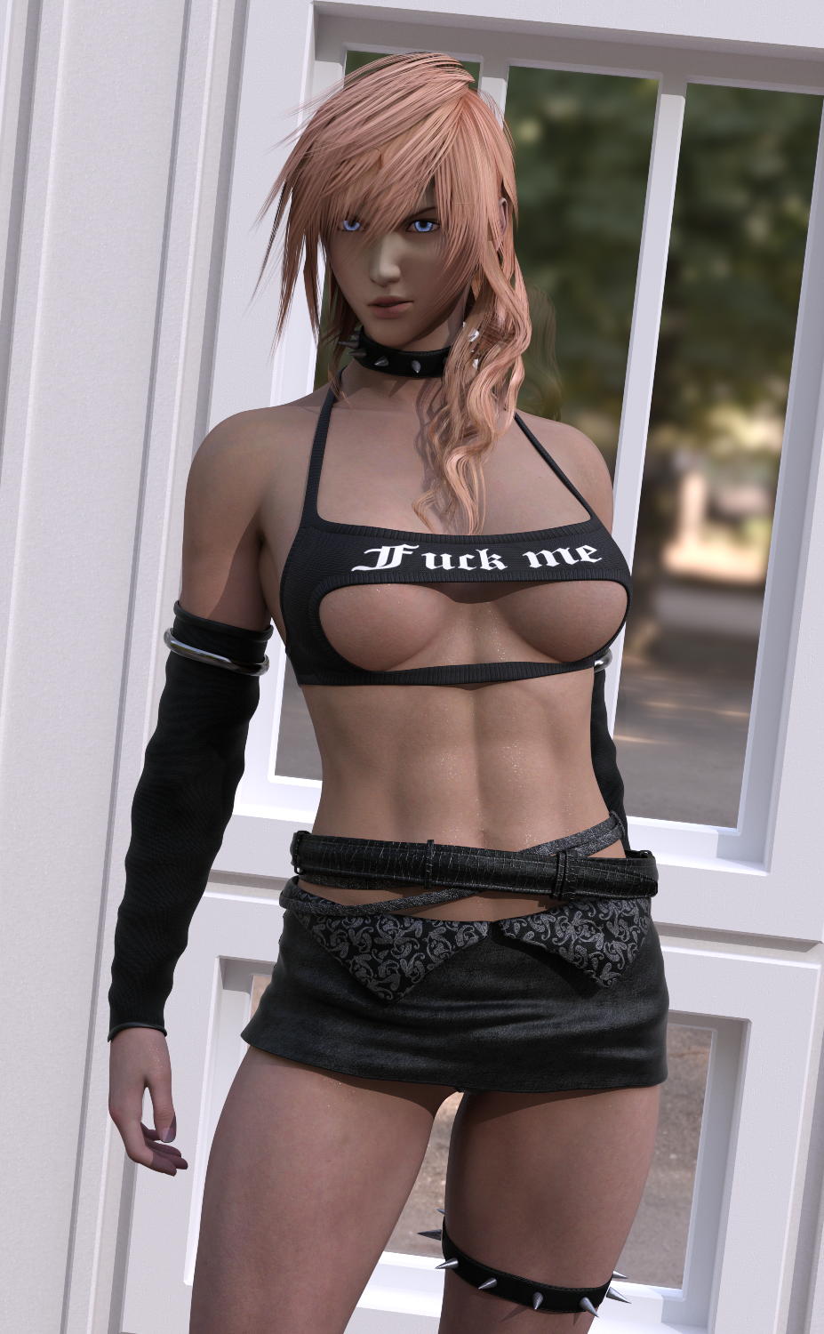 3d abs areolae athletic athletic_female bare_midriff blue_eyes breasts busty collar crop_top eclair_farron female female_focus female_only final_fantasy final_fantasy_xiii hourglass_figure long_hair medium_breasts miniskirt muscle_tone navel nipples panties pink_hair skimpy skimpy_clothes skirt spiked_collar spiked_thighlet standing tagme tan tan_body tan_skin tanline thighlet toned toned_female underboob v1rwr window