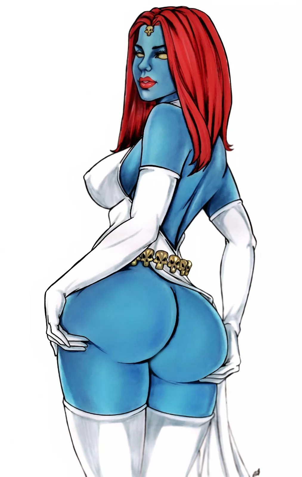 ass big_ass blue_skin bottomless bottomless_female bubble_butt dat_ass female female_only gleidson_fernandes grabbing_own_ass marvel marvel_comics mystique nipple_bulge nipples no_panties opera_gloves raven_darkholme rear_view red_hair thighhighs villainess x-men