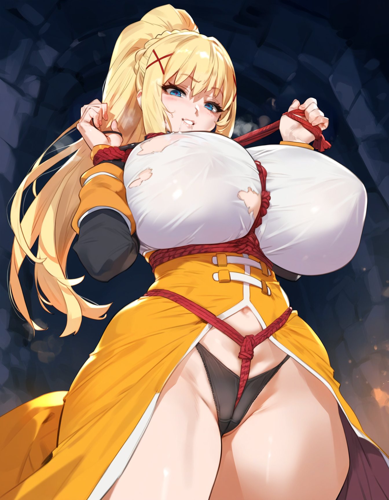 1girls, ai generated, blonde hair, blue eyes, bondage, breasts, darkness (konosuba), female, female only, hips, huge breasts, kono subarashii sekai ni shukufuku wo!, long hair, lucyla, massive breasts, mommy, stable diffusion, thick thighs, thighs, wide hips