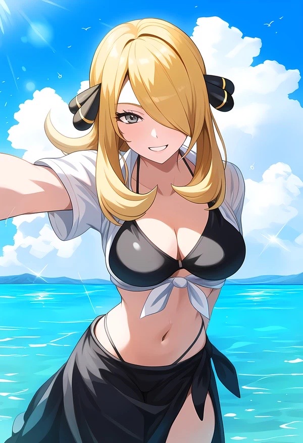 1girls, ai generated, beach, bikini, blonde hair, cynthia (pokemon), female, outside, pokemon, pokemon dppt, swimsuit, tagme, water
