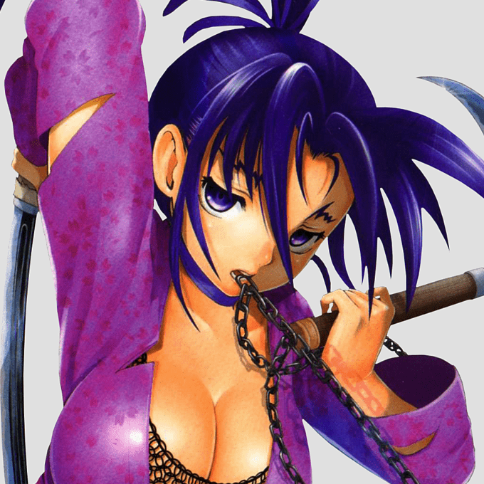 chainmail cleavage color colored female female_focus female_only grey_background history's_strongest_disciple_kenichi huge_breasts katana kimono looking_at_viewer manga manga_page matsuena_shun pink_clothing pink_kimono purple_eyes purple_hair shigure_kousaka thorn_clothes upper_body weapon