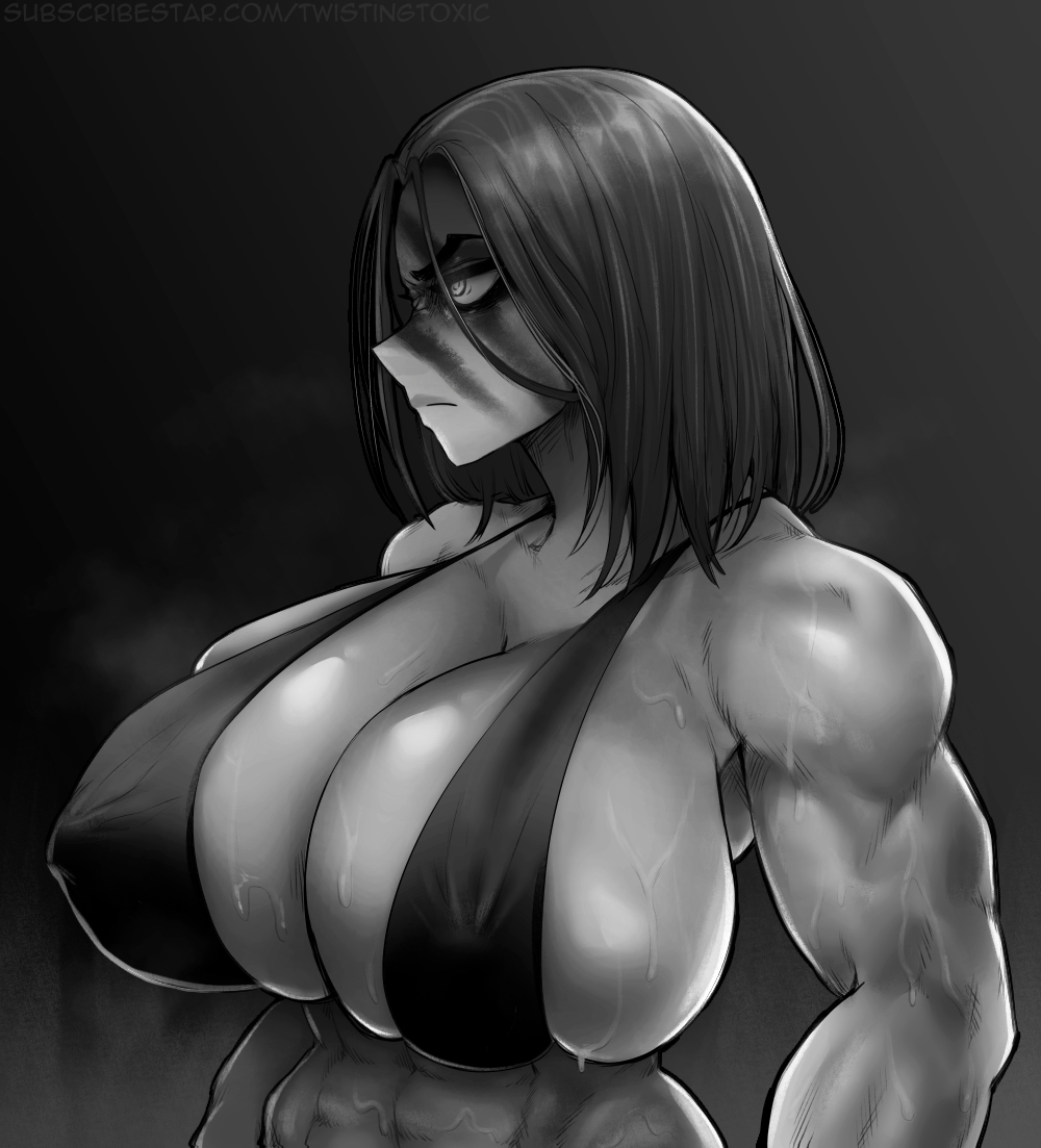 big_breasts breasts frown huge_breasts monochrome muscular_female partially_clothed short_hair sweat tagme twistingtoxic