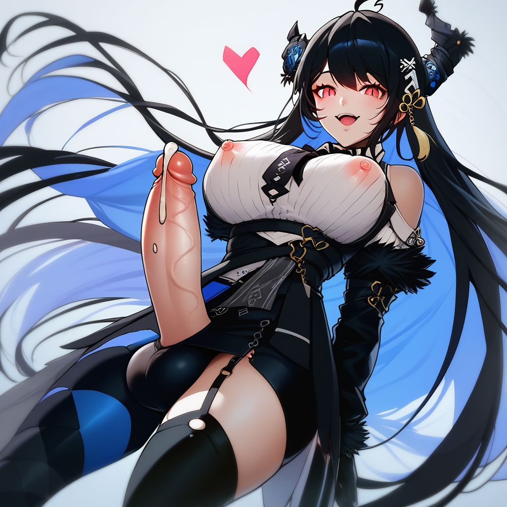 ai generated, balls, balls bulge, bangs, big balls, big penis, black hair, breasts, bulge, cowboy shot, cum, futa only, futanari, heart, hololive, hololive english, hololive english -advent-, huge balls, huge cock, intersex, leaking cum, light skin, light-skinned futa, long hair, looking at viewer, nerissa ravencroft, nipples, nipples visible through clothing, panties, penis, penis vein, precum, precum on penis, red eyes, smile, smiling at viewer, solo, virtual youtuber, vtuber
