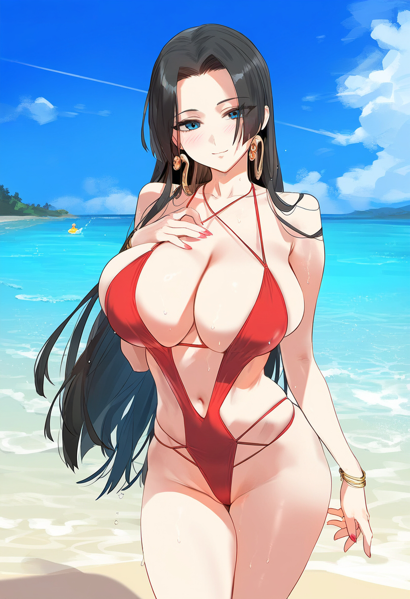 1girls ai_generated bare_arms bare_legs bare_shoulders bare_thighs beach big_breasts bikini bikini_bottom bikini_top black_hair blue_eyes boa_hancock clothed clothing color female female_focus female_only hi_res laino_airt large_breasts light-skinned_female light_skin long_hair looking_at_viewer one_piece sand sea shounen_jump solo solo_female tagme thick_thighs water