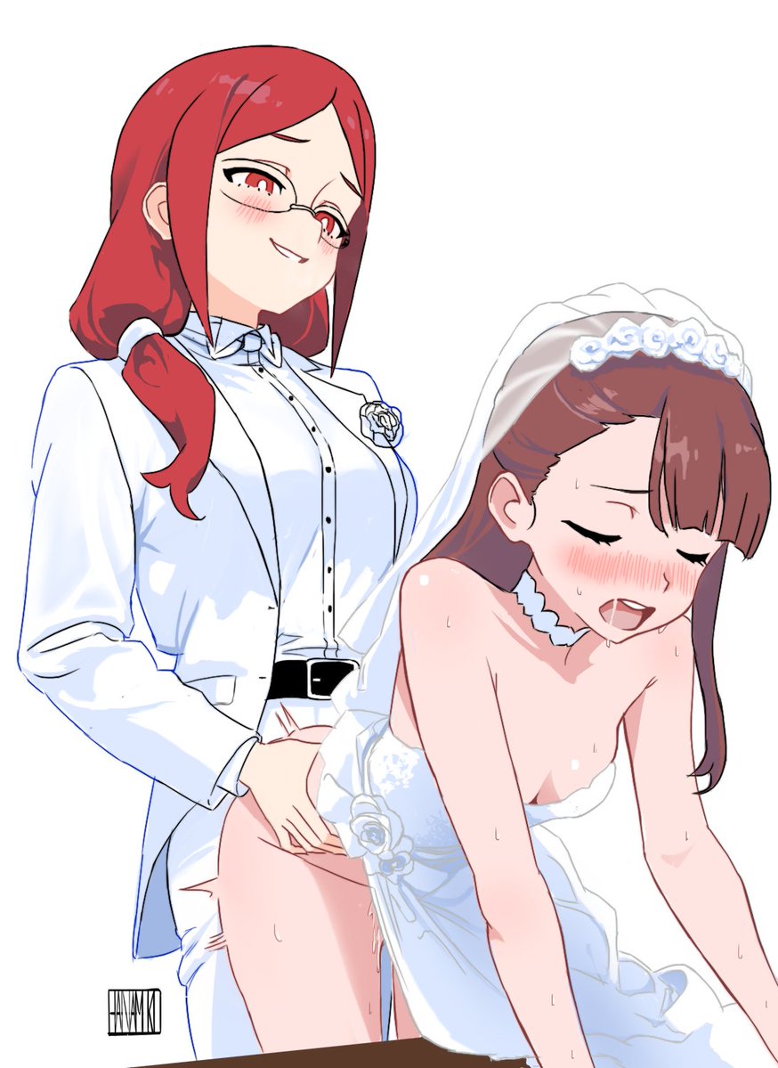 1futa 1girls akko_kagari blush_lines blushing bottomless bride doggy_style female female_penetrated from_behind fucked_from_behind futa_on_female futa_with_female futanari glasses groom hanamuko little_witch_academia pale-skinned_female pale-skinned_futanari penetration_from_behind red_hair sex sex_from_behind shiny_chariot taken_from_behind ursula_callistis wedding_dress white_background