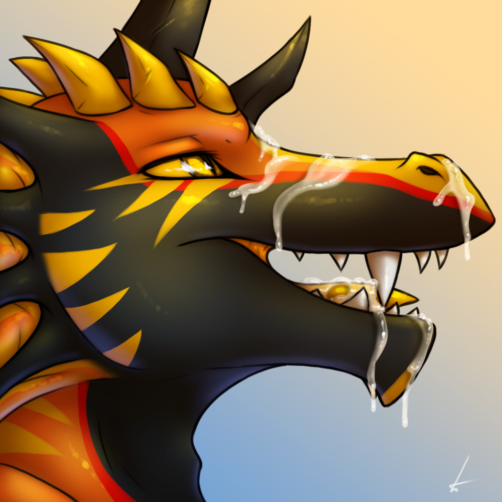 2014 ambiguous_gender anthro anthro_dragon black_dragon cum cum_in_mouth cum_inside cum_on_face cum_on_tongue cynicalstarr dragon duran horn open_mouth scalie smile solo tongue western_dragon yellow_eyes yellow_sclera