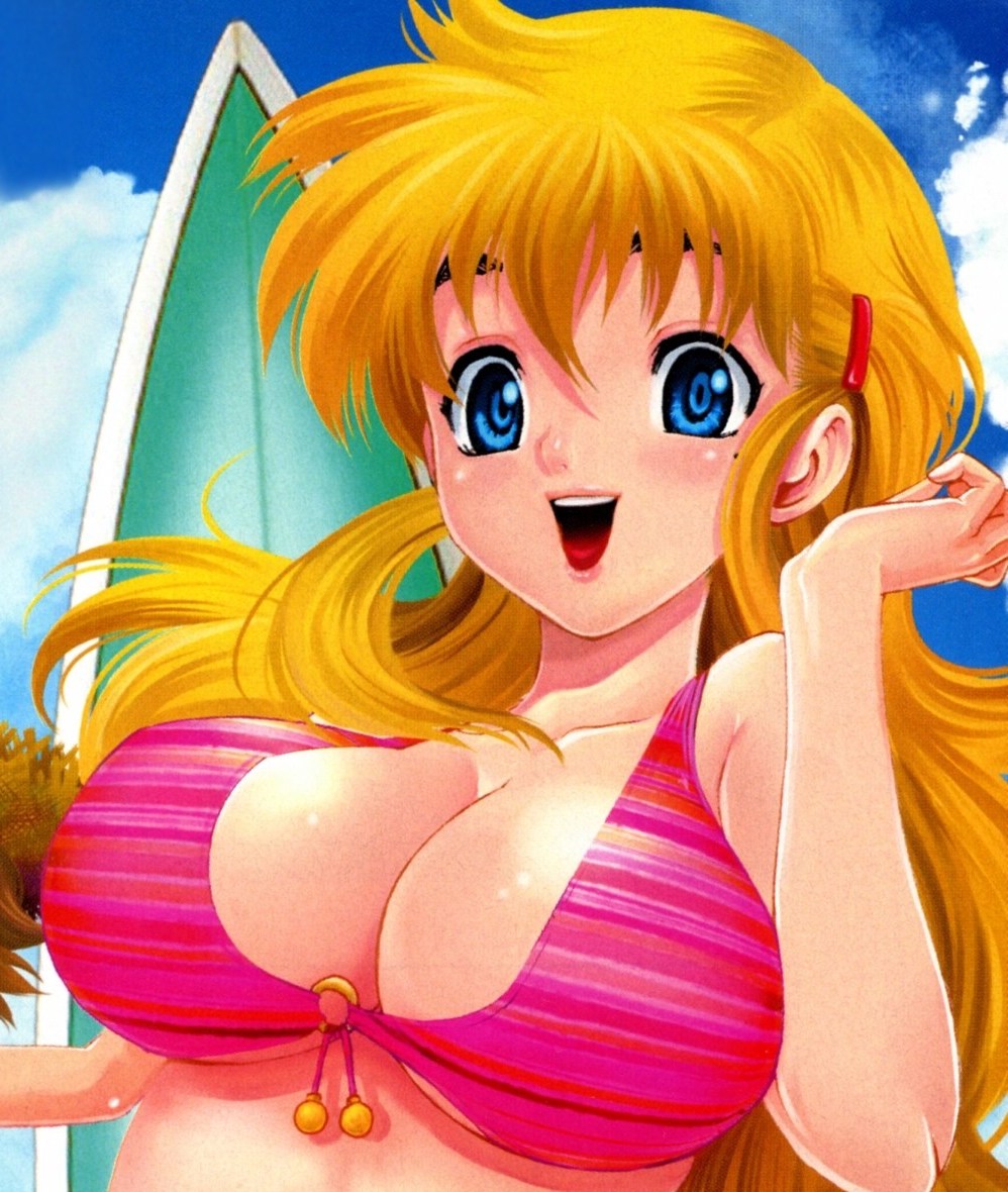 bare_shoulders beach big_breasts bikini bikini_top black_eyebrows blonde_hair blue_eyes color colored female female_focus female_only hair_between_eyes hairclip history's_strongest_disciple_kenichi long_hair looking_at_viewer manga manga_page matsuena_shun miu_furinji mole mole_under_eye official_art open_mouth pink_bikini pink_swimsuit smile smiling smiling_at_viewer swimsuit upper_body