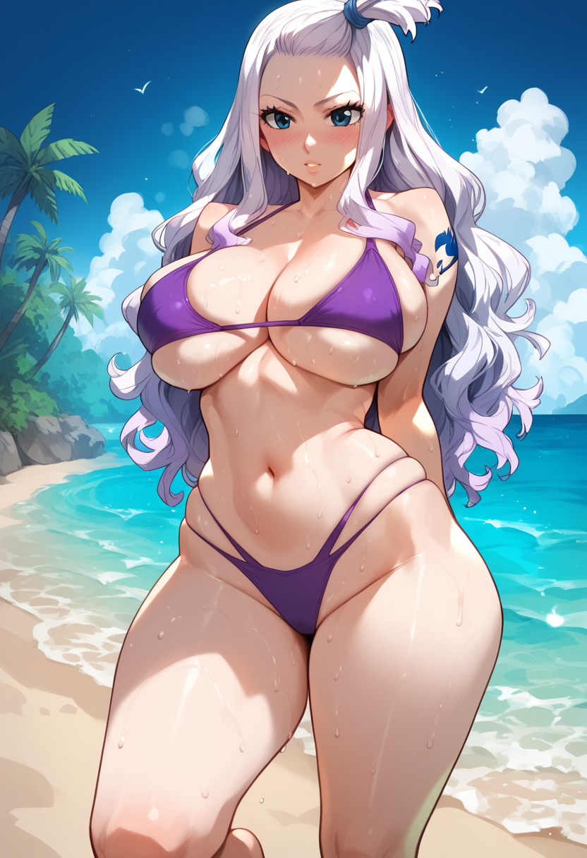 1girls ai_generated beach big_breasts bikini blue_eyes bombacopta fairy_tail mirajane_strauss purple_bikini sweat tattoo thick_thighs white_hair