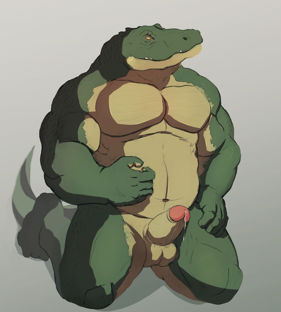 1boy alligator anthro balls biceps big_muscles crocodile cum dripping erection fangs green_skin humanoid_penis kneeling krokodainer league_of_legends male male_only muscles nude orange_eyes pecs penis pose precum renekton reptile scales scalie solo teeth vein video_games