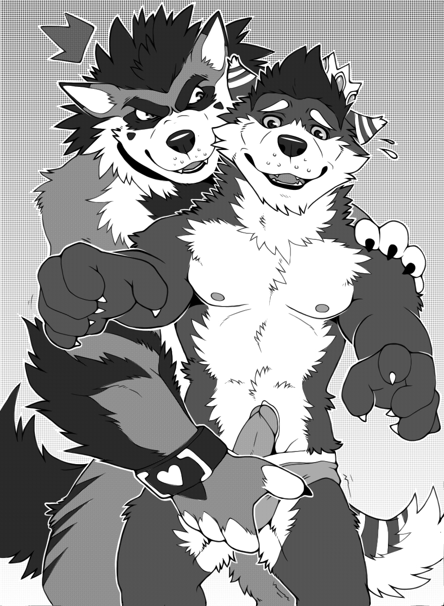 2014 abs aluminemsiren anthro biceps black_nose canine clothing duo fur hair husky male male_only mammal muscles nipples pecs penis underwear