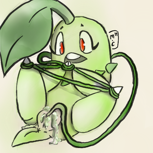 2014 bondage bound chikorita cum female feral mortal_chocolate nintendo nude open_mouth penetration plain_background pokemon pussy red_eyes solo teeth video_games vines