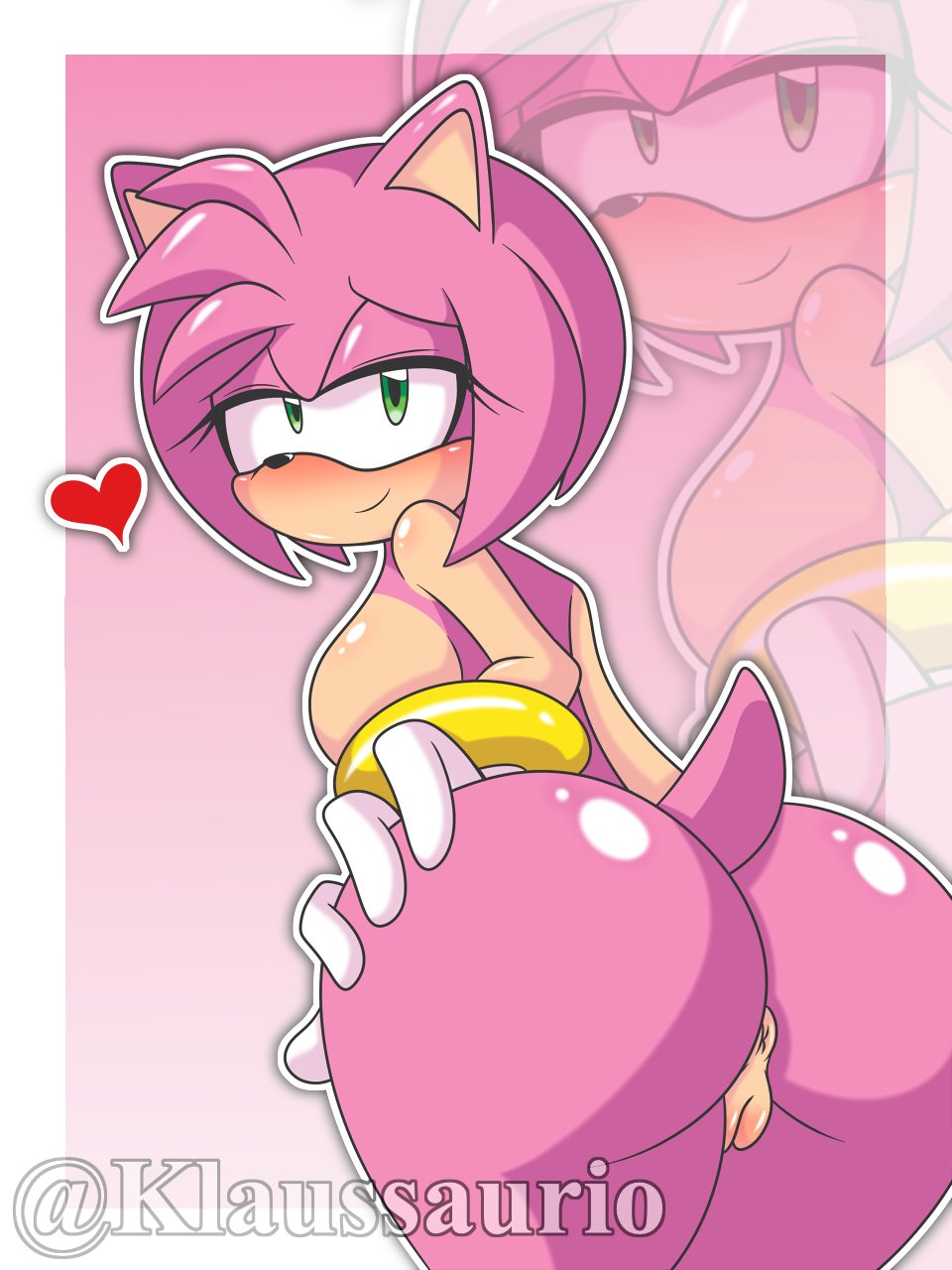 amy rose, anus, ass, cleft of venus, completely nude, female, furry, furry female, green eyes, heart, klaussaurio, looking back, nude, nude female, pink fur, seductive, sega, sonic (series), sonic the hedgehog (series), tail