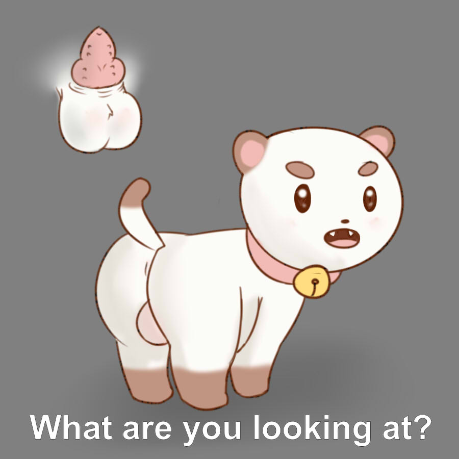 2014 animal_genitalia balls bee_and_puppycat bell canine cartoon_hangover cute erection feline feral fur hybrid looking_at_viewer male male_only mammal open_mouth penis puppycat solo stare text zekromlover