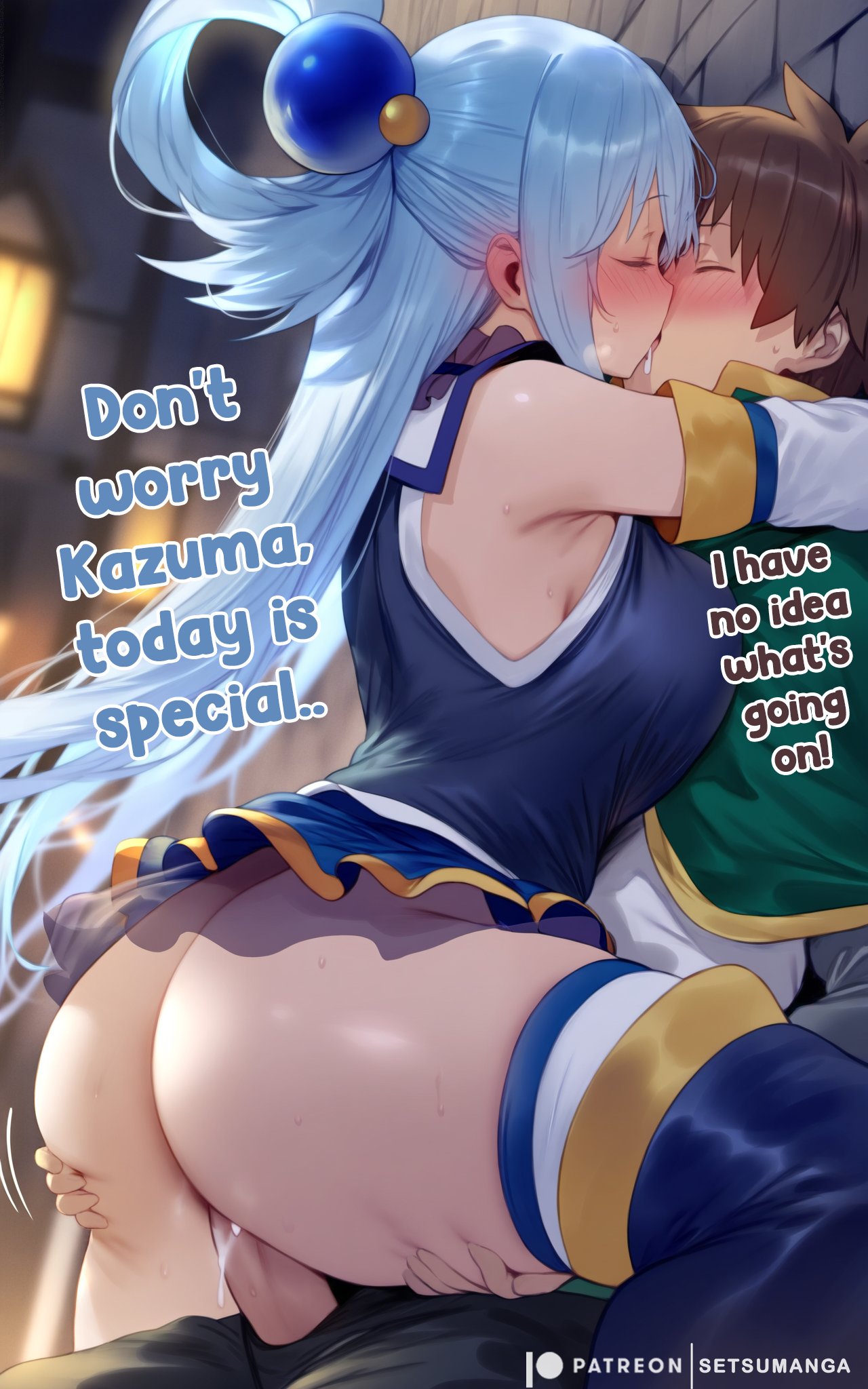 1boy 1girls against_wall ai_generated aqua_(konosuba) ass ass_grab blue_hair breasts closed_eyes english_text french_kiss french_kissing huge_ass hugging kissing kono_subarashii_sekai_ni_shukufuku_wo! large_breasts light-skinned_female light_skin making_out passionate penis pounding satou_kazuma setsuaiart setsumanga sex skirt