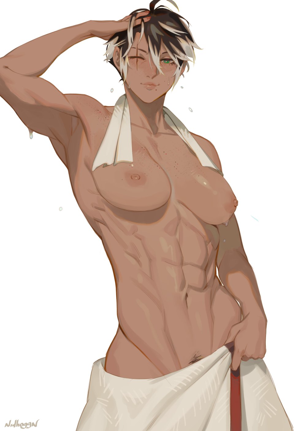 1girls abs beauty_mark belly_button breasts brown_hair commission female female_only freckles green_eyes hand_on_head hi_res human muscular muscular_female nidhoggn nipples one_eye_closed original original_character pubic_hair scar scar_across_eye short_hair smile tanned tanned_female tomboy topless towel towel_around_waist two_tone_hair wet white_background