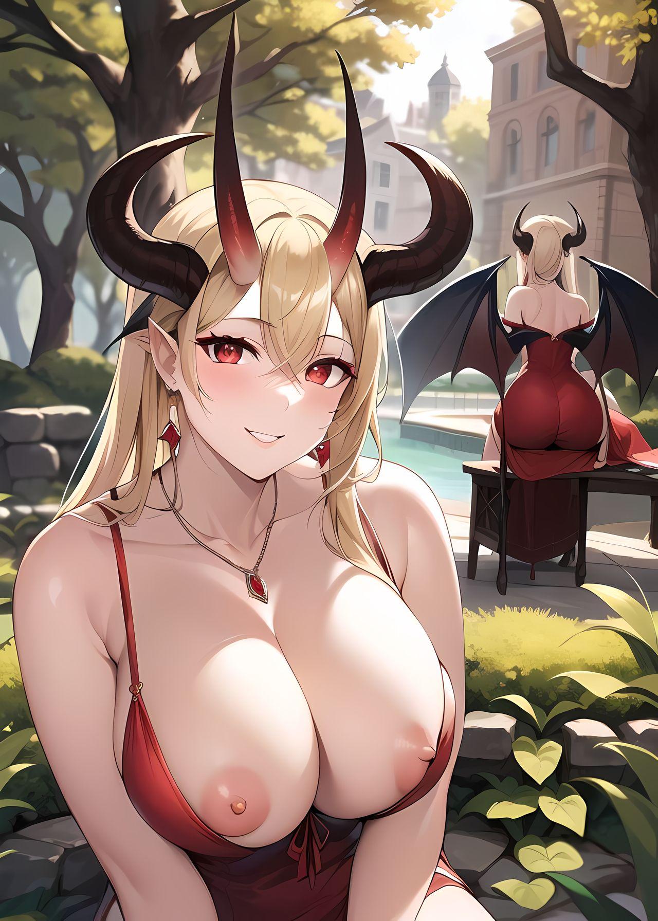 2girls ai_generated backyard big_ass big_breasts blonde_hair demon demon_girl dress dress_pull earrings elf_ears fat_ass female_focus female_only flashing flashing_breasts from_behind horns large_breasts looking_at_viewer mansion necklace nipple_slip nipslip outdoors pointy_ears pool poolside red_dress red_eyes sisters sitting succubus succubus_horns thee_voiidness tree wardrobe_malfunction